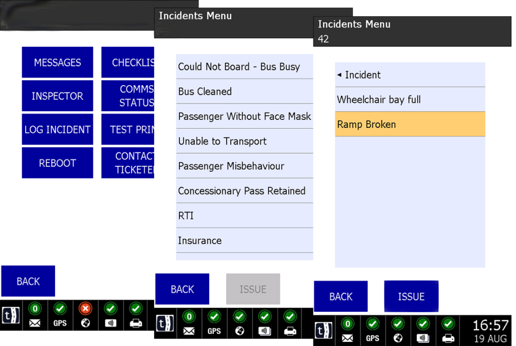 Ticketer machine showing incident reporting