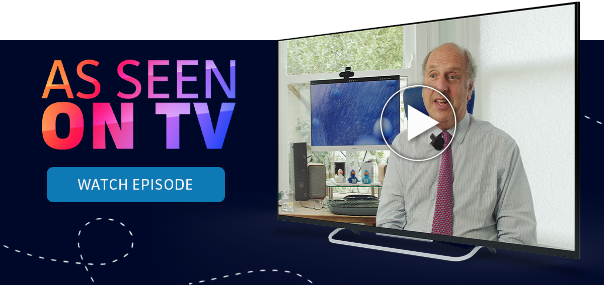 'As seen on TV' with John Clarfelt, Ticketer FOunder on TV screen with play button with 'watch episode' button