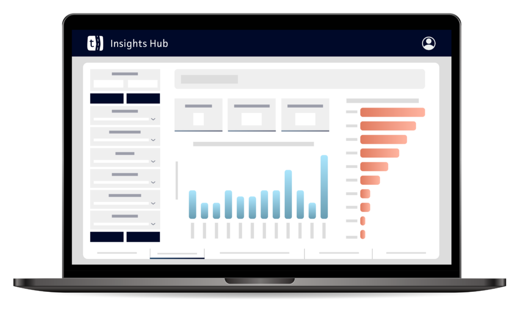 Laptop illustration with mockup of Ticketer Insights Hub dashboard