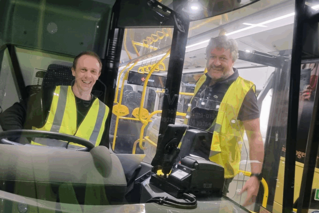 Tom and Jason, Ticketer, on a bus