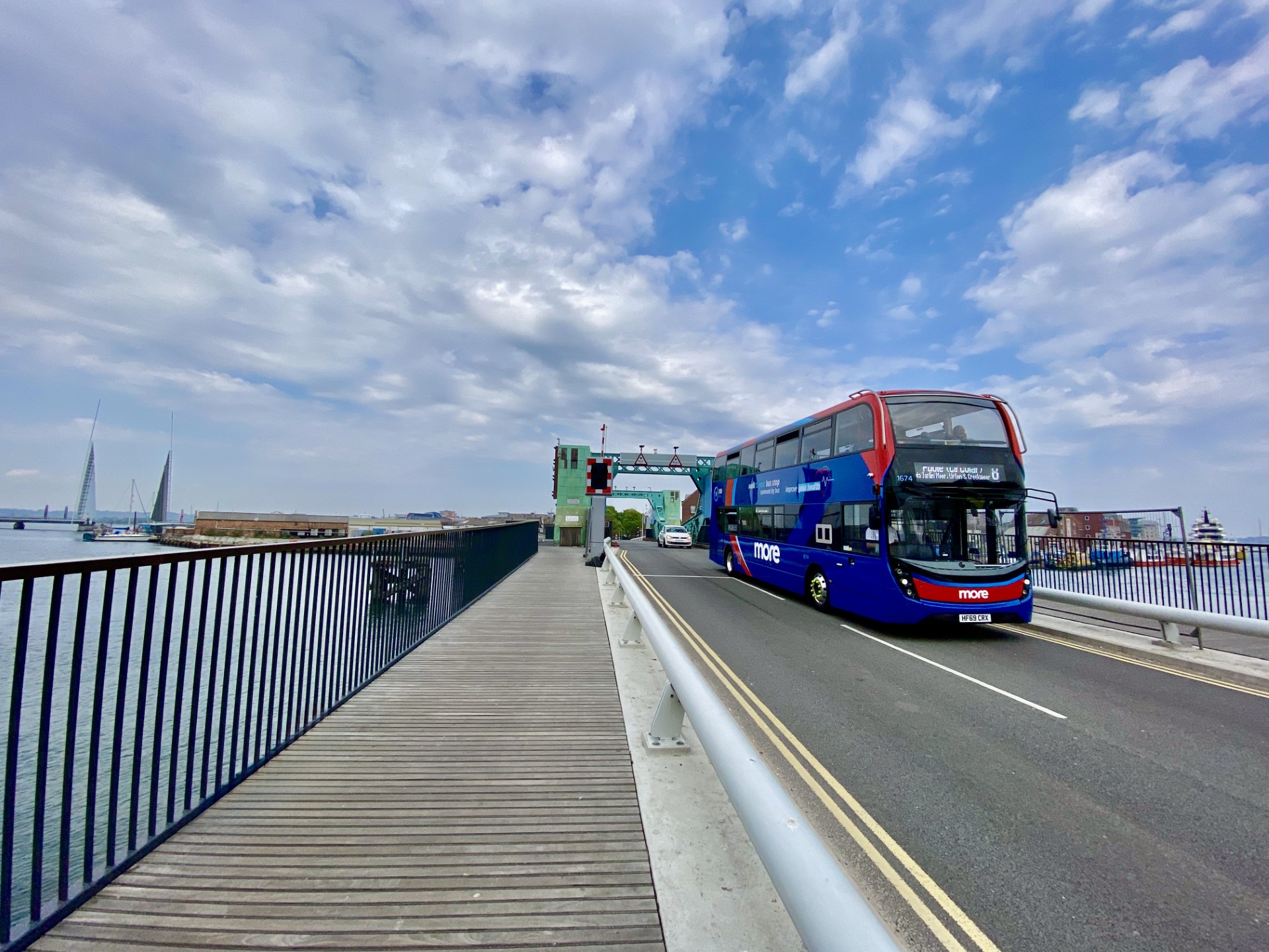 Morebus double decker bus on bridge